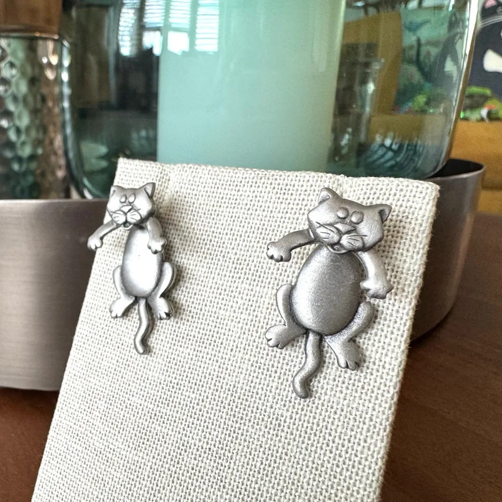 Silver Pewter Cat Earrings - Picture 9 of 11